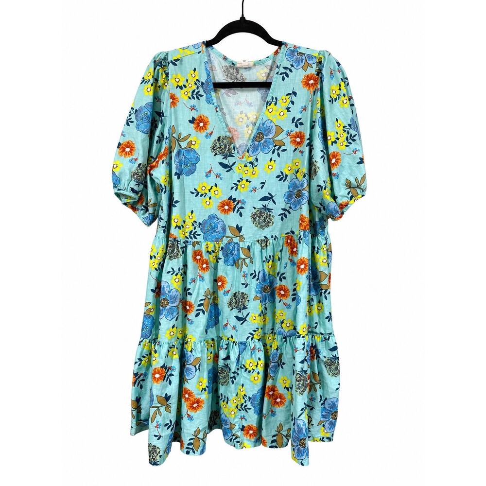 Cotton ANA XL Blue Floral Flowy Tiered Mini PuffSleeve Boho Girly Spring Dress